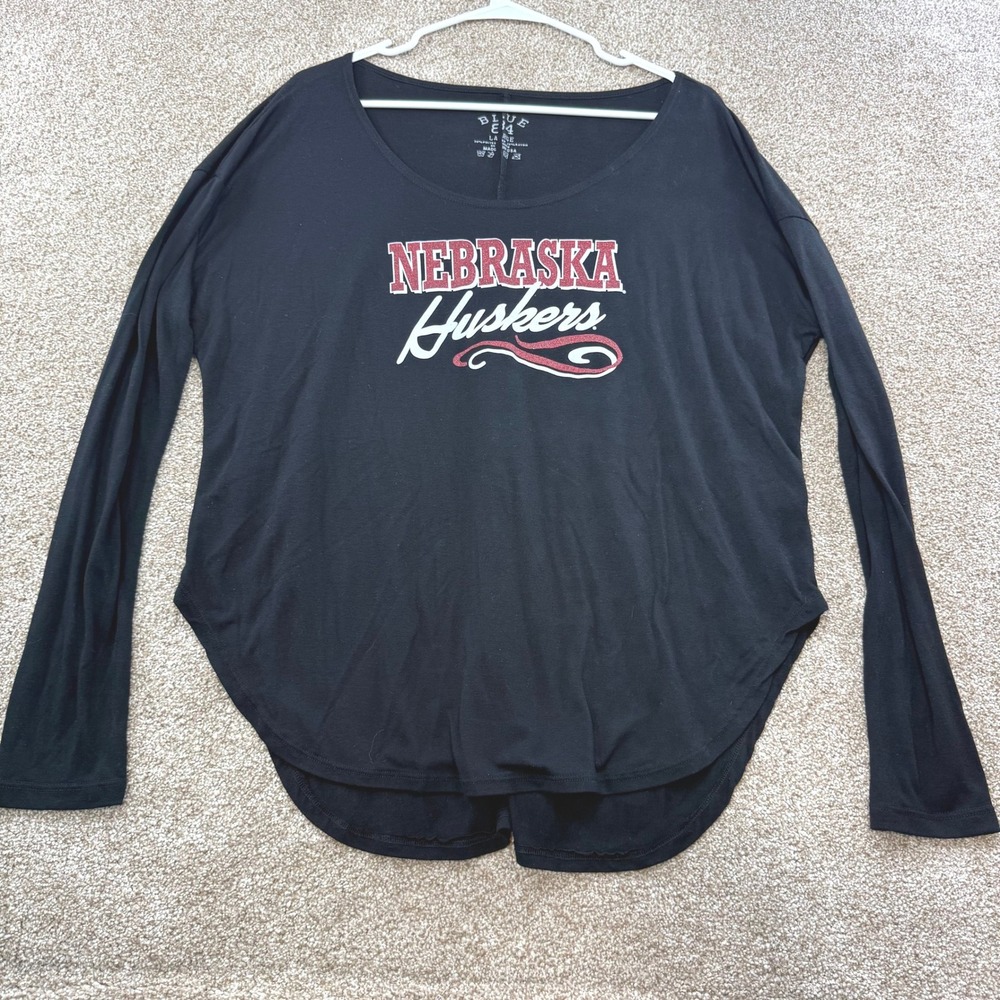 Blue 84 Nebraska Huskers Black Glitter Long Sleeve Top Womens Large NCAA Collage